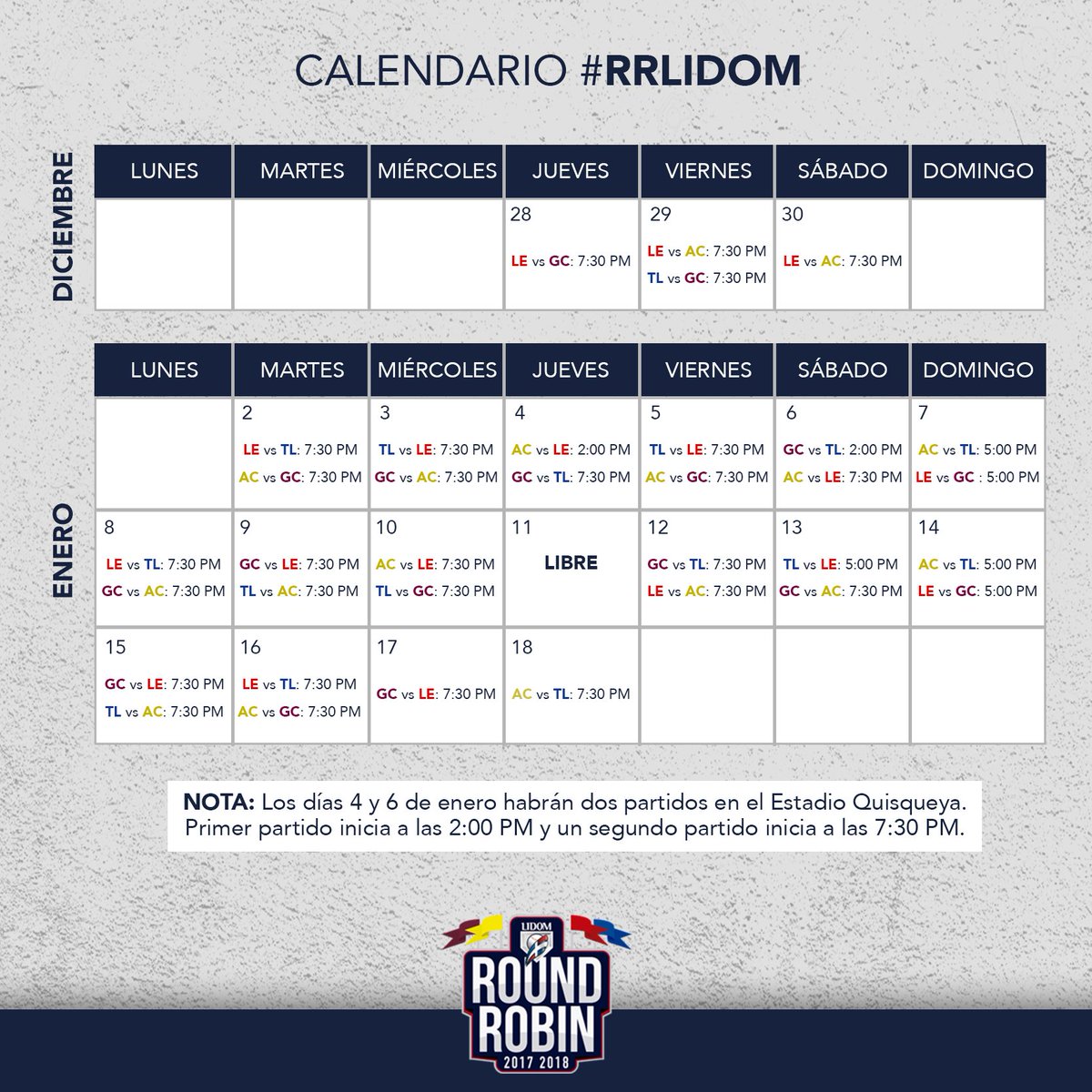 CALENDARIO OFICIAL #RRLIDOM tras los cambios generados por partidos reasignados.