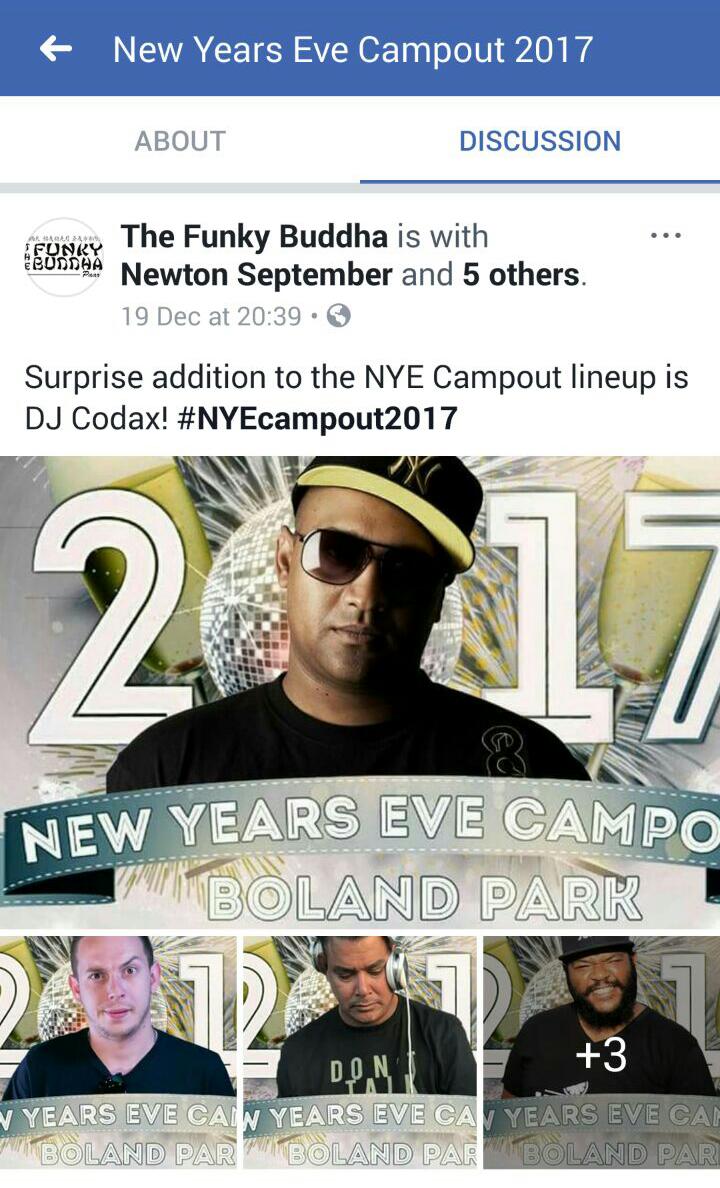 Another Summer Splash Paarl event awaits.
New Years Eve Camp out. 
Are you ready. 31 Dec 2017. Countdown to the last hours of 2017.

Venue: Boland Cricket Stadium, Paarl. Details of this 1st of its kind event in Paarl. See the poster.
Bookings via DJNewton@funkybuddhapaarl.co.za