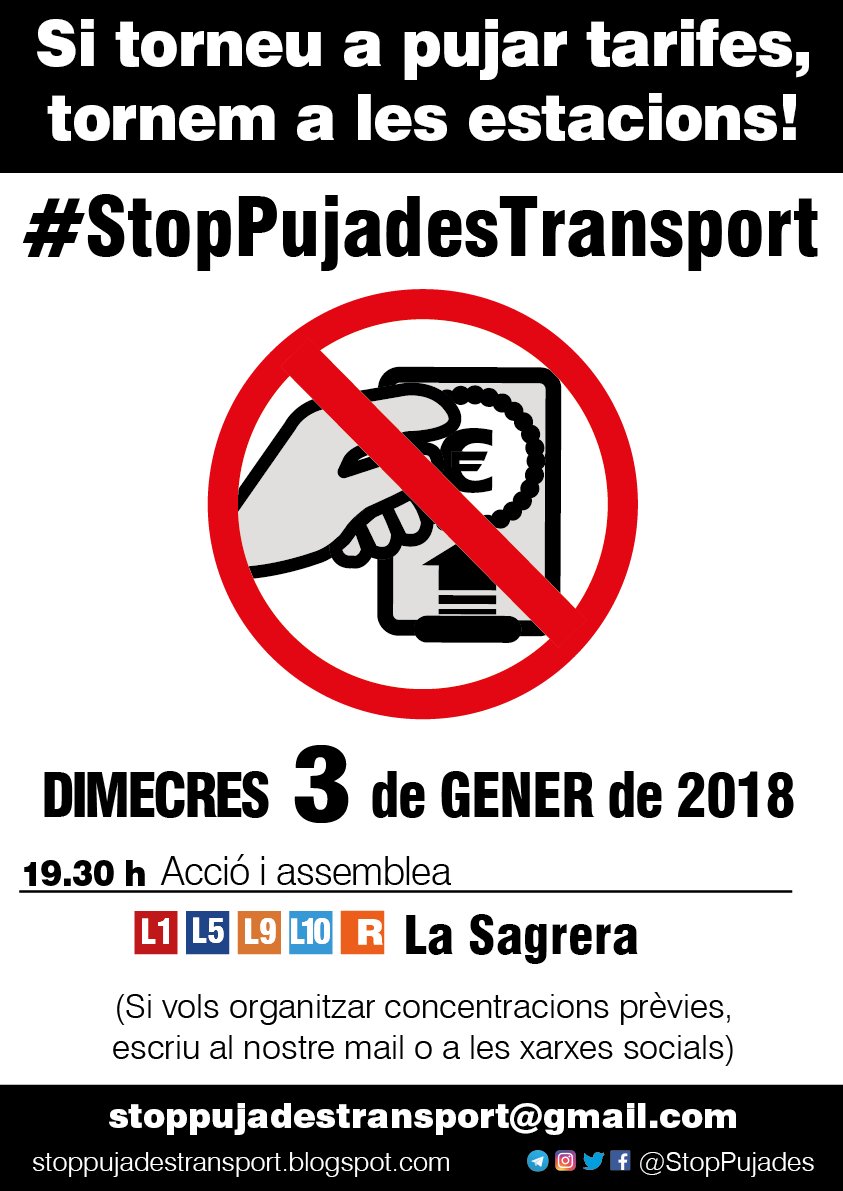 📢 Si torneu a pujar les tarifes, tornem a les estacions!

L'ATM ha anunciat una pujada de la T-10, T-Mes i la resta de tarifes. No ens quedarem callades!

📅 Dimecres 3 de gener de 2018, ens veiem a les 19:30 h. a La Sagrera!!
facebook.com/events/5855311…