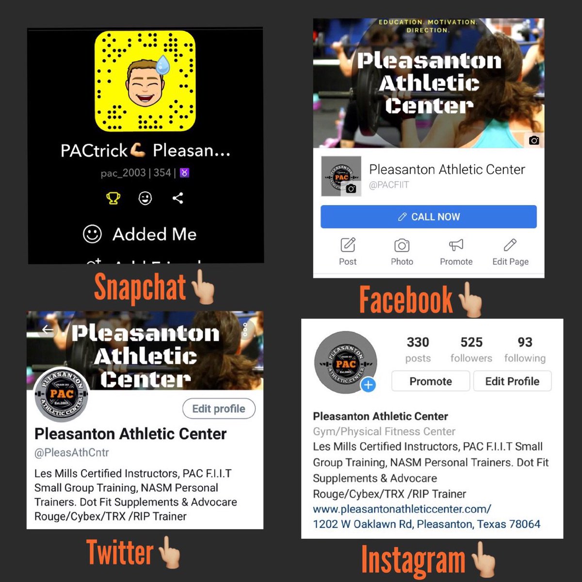 PleasAthCntr's tweet photo. Be sure and follow each of our social media accounts to stay updated. #Facebook #Twitter #Instagram #Snapchat #pac #pleasantonathleticcenter #train365 #stayintheloop #pacfamily https://t.co/dKSY0yyOyA