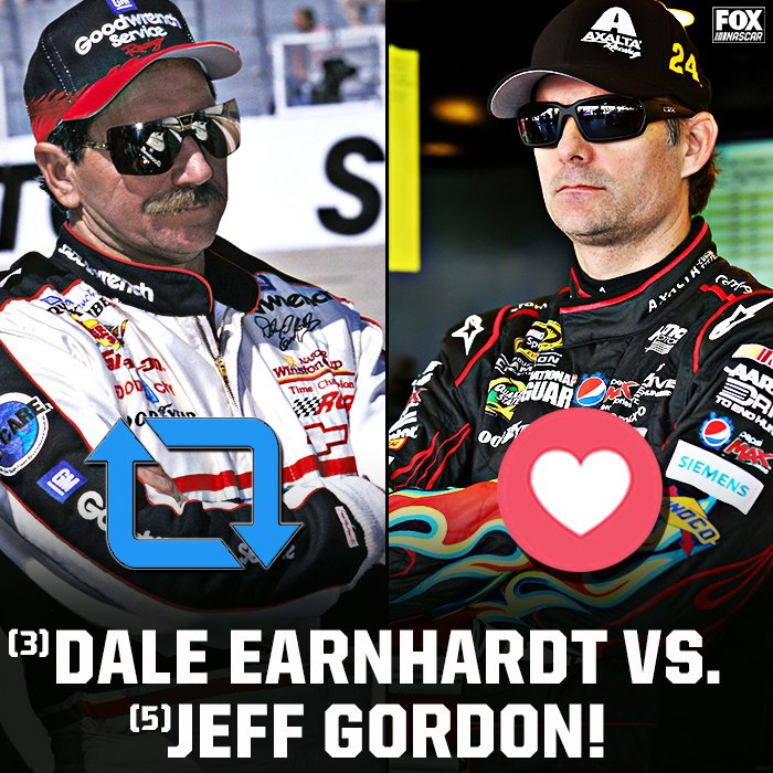 The Intimidator vs. The Rainbow Warrior! Which racing icon is NASCAR's greatest of all time? Retweet to vote for Dale Earnhardt. Like to vote for Jeff Gordon. Voting for the #NASCARGOAT final will be open on Twitter, Facebook and Instagram until 12p ET Sunday.