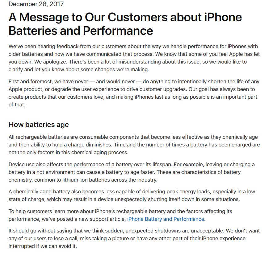 NBCNews's tweet photo. JUST IN: Apple apologizes for battery issue, says it will reduce price of an out-of-warranty iPhone battery replacement from $79 to $29 https://t.co/32K8Kt1mgg