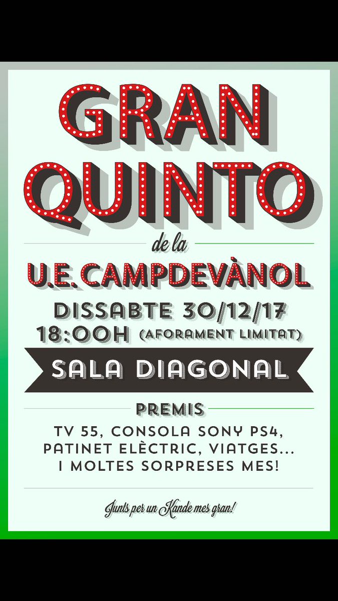 1uecampdevanol's tweet photo. ATENCIÓ: queden 2 dies pel #GranQuinto de la UE Campdevànol. Moltíssims premis, magnífics premis!! El dissabte dia 30! A les 18:00h. Venda de cartrons a partir de les 17:00h. Aforament limitat!!! Molta sort a tothom! Val molt la pena!!
#JuntsPerUnKandeMésGran https://t.co/FI0QNo8QDv