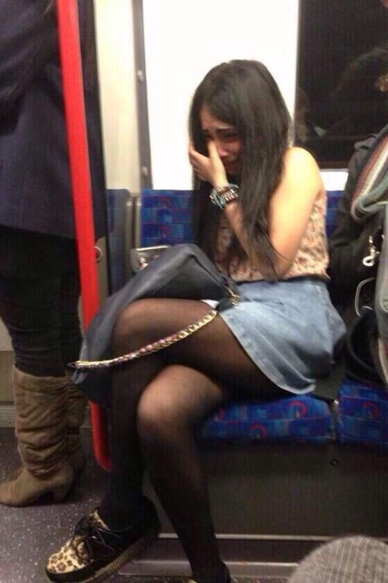 “Girl crying having to pee really bad on bus or train” .