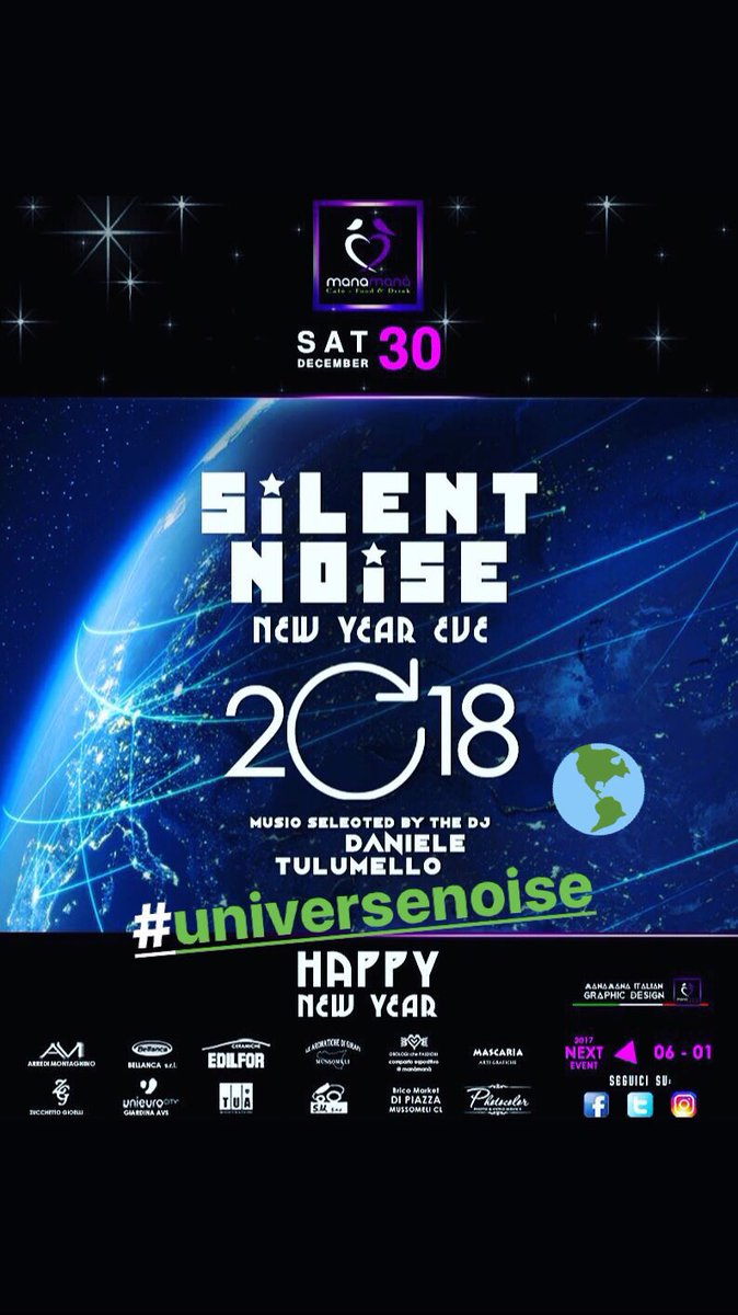 manman46999300's tweet photo. SABATO 30 DICEMBRE
SILENT NOISE >>> new year eve
music selection >>> DANIELE TULUMELLO
#NEWYEAREVE #UNIVERSENOISE #SILENTNOISE
#manàmanà
#mussomel #madeinsicily
#music #love #life #magicyears
__>>>______>>>___________ >>>_______
next event >>> 06 - 01 https://t.co/a6TtFDa64j