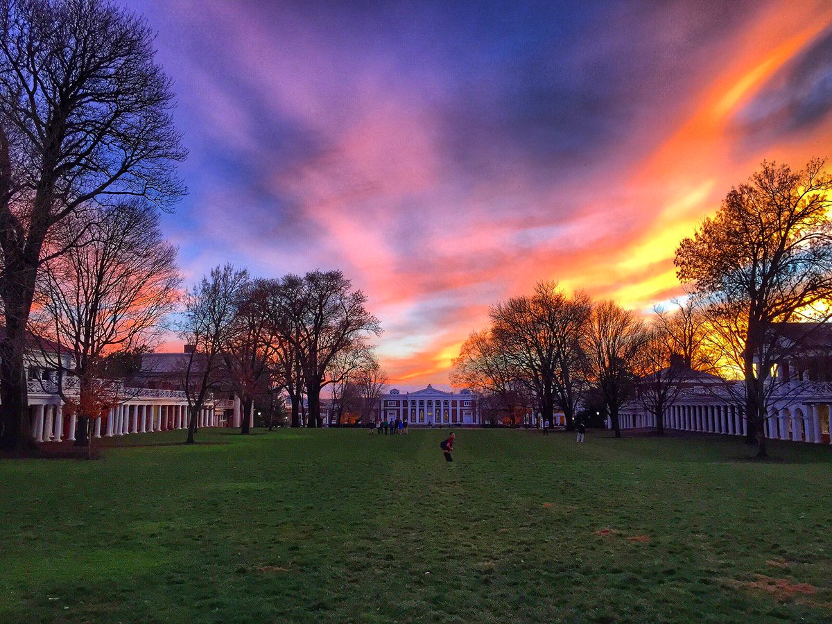 #visitCville photo of the day: a spectacular orange &amp; blue sunset over The Lawn <a href="/UVA/">UVA</a>!