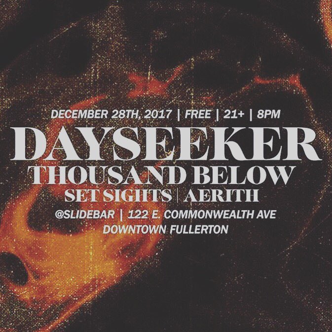 theslidebar's tweet photo. Tonight! @dayseekerband + @ThousandBelow PLUS @setsightsca and the debut of @AERITHus • FREE • 8pm https://t.co/zknsaRTMKy