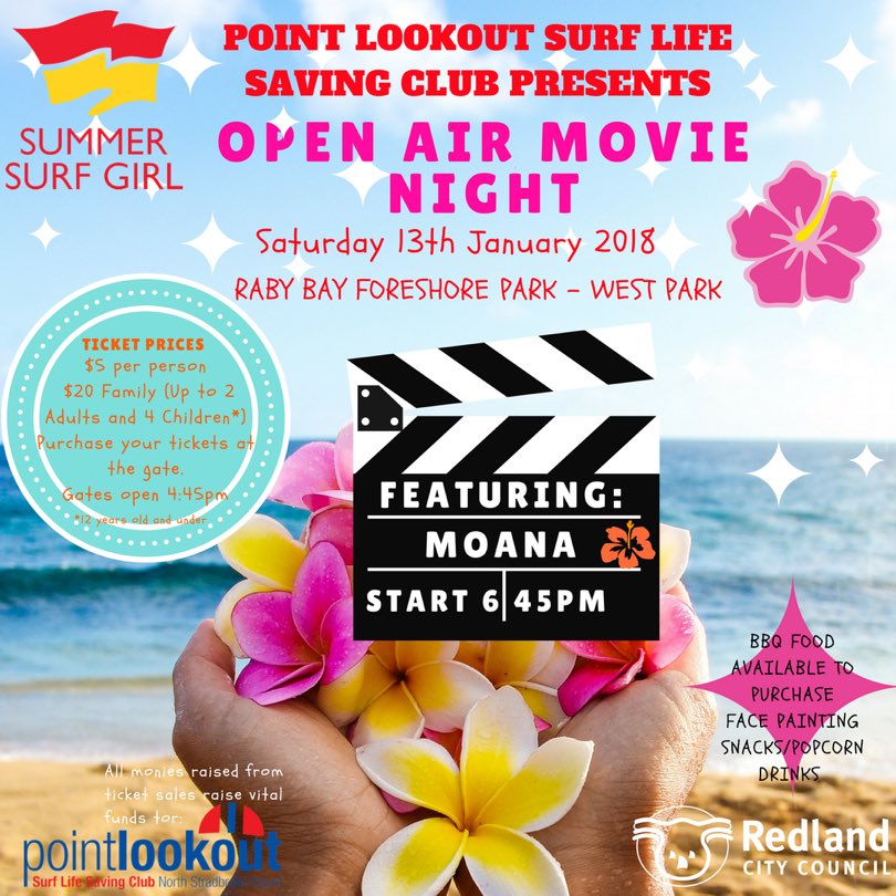 plslsc's tweet photo. Moana under the stars - what a perfect way to relax after the rush of Christmas and New Years! #seeyouthere #fundraising #redlandcitycouncil #thisislifesaving #surfgirl https://t.co/nu6ucv6YjB