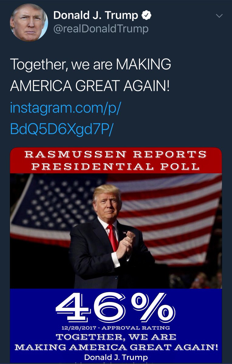TalbertSwan's tweet photo. Trump and his minions all of a sudden swear by the Rasmussen poll, which has his approval rating at 46%, every other poll has it in the 30s.

They dismissed Rasmussen, for predicting Hillary Clinton to win the election.

Either way more than half the country disapprove of POTUS. https://t.co/zGHcg0jXAC