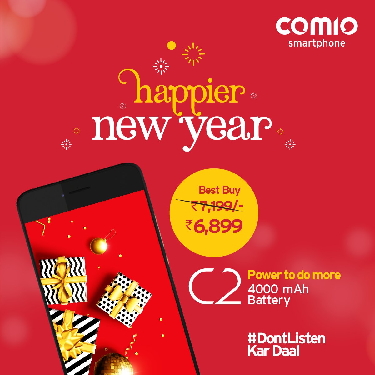 COMIO_IN's tweet photo. Now happy new year turns into a happier one with amazing price drops of Comio smartphones! Grab your Comio C2 and rock your new power to do more this 2018! #DontListen Kar Daal #ComioC2 https://t.co/3uwHBl1478