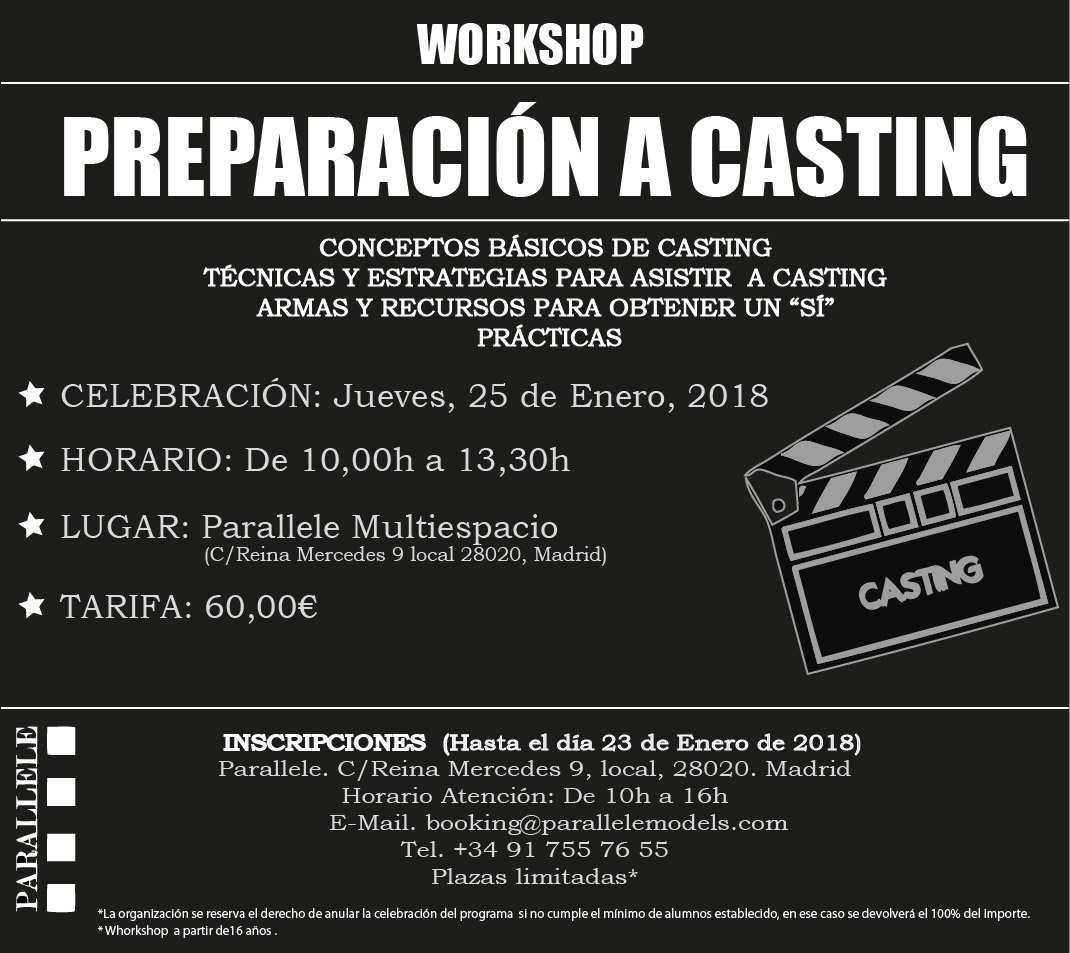 #workshop #preparacionacasting #actors #models #parallelemodels @EMILIOVERDEJO1 <a href="/parallelespain/">Parallelemodelagency</a> #enero2018 #madrid #plazaslimitadas 
Más info;  booking@parallelemodels.com
