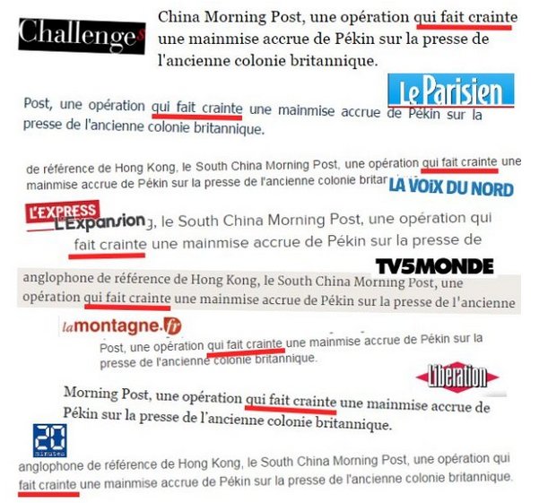 notrejeannedarc's tweet photo. Les journalistes reprennent bêtement les dépêches de l’AFP, fautes grossières comprises
 On pouvait y lire que "cette opération fait crainte une mainmise accrue de Pékin…"  au lieu de "fait craindre"
Et voici ce que l’on retrouve ensuite dans les médias : https://t.co/Yvn2CCBY0N