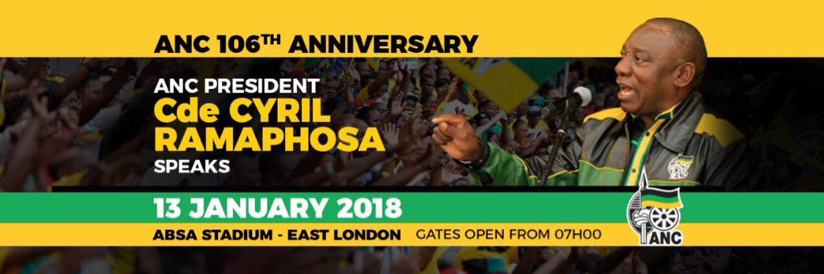 Raseshwari_AI's tweet photo. Reminder : @MYANC 106TH ANNIVERSARY. ANC PRESIDENT COMRADE CYRIL #RAMAPHOSA SPEAKS. 13th JANUARY 2018. ABSA STADIUM, EAST LONDON, EASTERN CAPE. GATES OPEN FROM 07H00 #ANC106 https://t.co/SJLndCoyGo