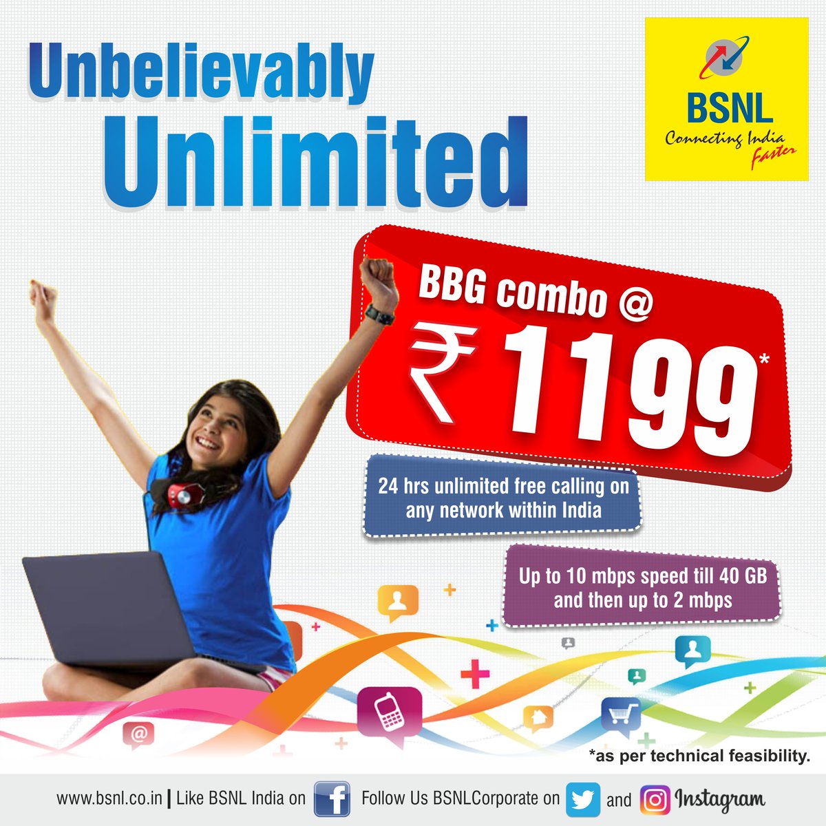 BSNLCorporate's tweet photo. Here's the #NewYear offer !!
Avail the #Unlimited BBG Combo @ Rs1199/- only. #BSNL plan with 24hrs Free Calling and High Speed Internet. Hurry Up !! For more details please click on (link: https://t.co/kvXWJRgiD1) https://t.co/YLlrc0qtXz for more information. https://t.co/zUh8ojqk30