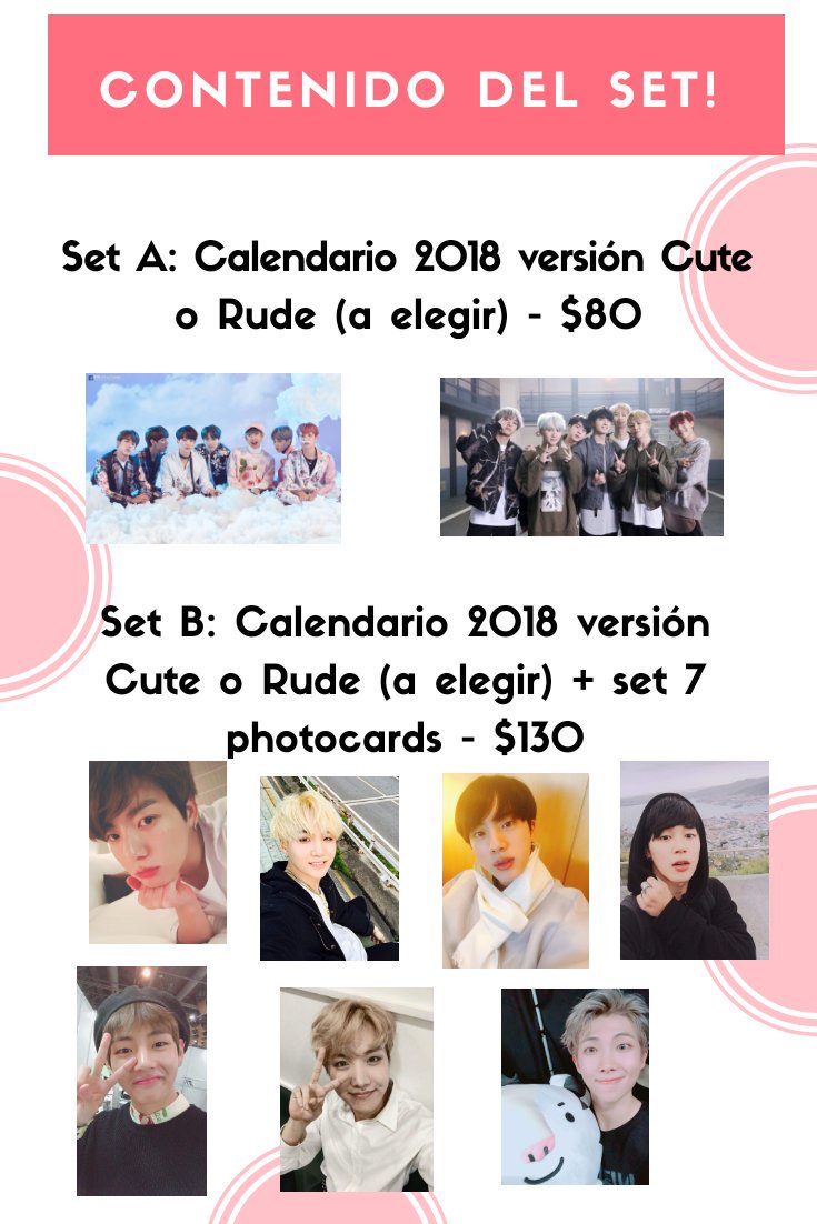 Jimin_Mexico's tweet photo. [RECAUDACIÓN DE FONDOS ANUNCIÓ SOPE BIRTHDAY]

❤️ CALENDARIO 2018 BTS ❤️

😍SET A: Calendario 2018 versión Cute o Rude (a elegir) - $80 

😎SET B: Calendario 2018 versión Cute o Rude (a elegir) + set de 7 photocards - $130

✅Fecha límite para depósitos y pedidos: 20 de Enero https://t.co/V0MWPt0lyZ