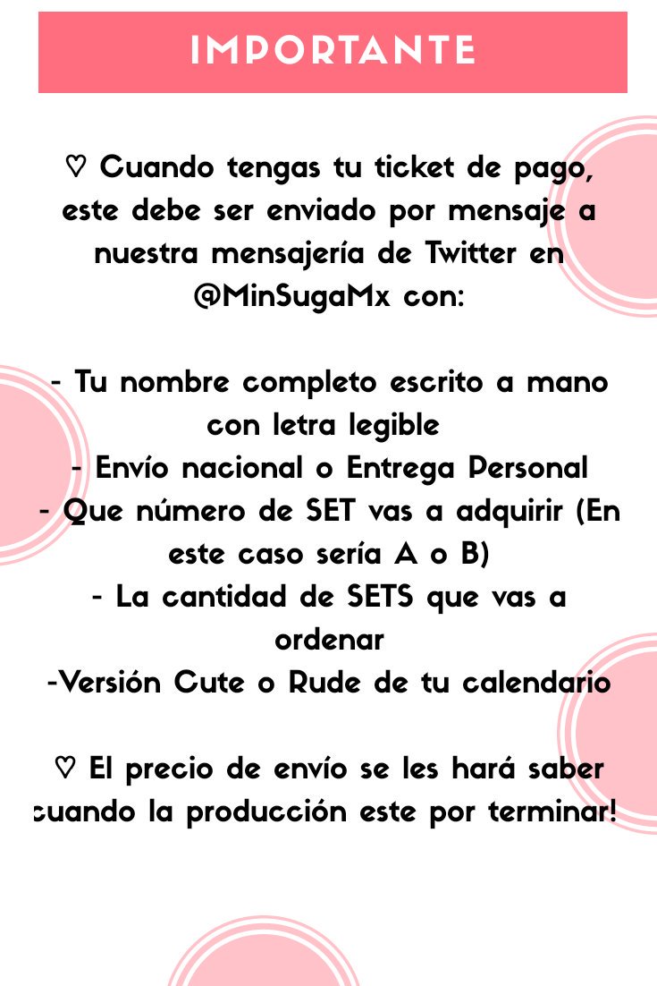 Jimin_Mexico's tweet photo. [RECAUDACIÓN DE FONDOS ANUNCIÓ SOPE BIRTHDAY]

❤️ CALENDARIO 2018 BTS ❤️

😍SET A: Calendario 2018 versión Cute o Rude (a elegir) - $80 

😎SET B: Calendario 2018 versión Cute o Rude (a elegir) + set de 7 photocards - $130

✅Fecha límite para depósitos y pedidos: 20 de Enero https://t.co/V0MWPt0lyZ