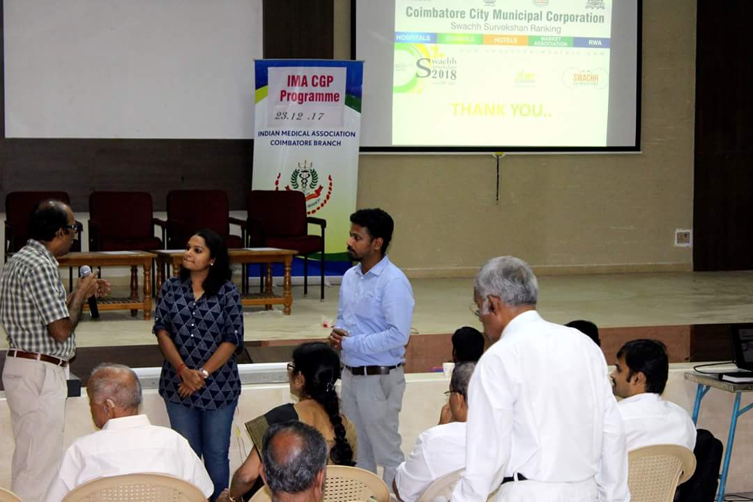 SwachhCbe's tweet photo. Swachh Coimbatore team Oriented on Swachh Survekshan 2018 , Importance and steps to best hospital practices in Hygiene and Sanitation to all the Indian Medical Assosiation(IMA) Members of  Coimbatore Chapter held on 22nd Dec 2017 at IMA Hall Coimbatore . https://t.co/khWk3igira
