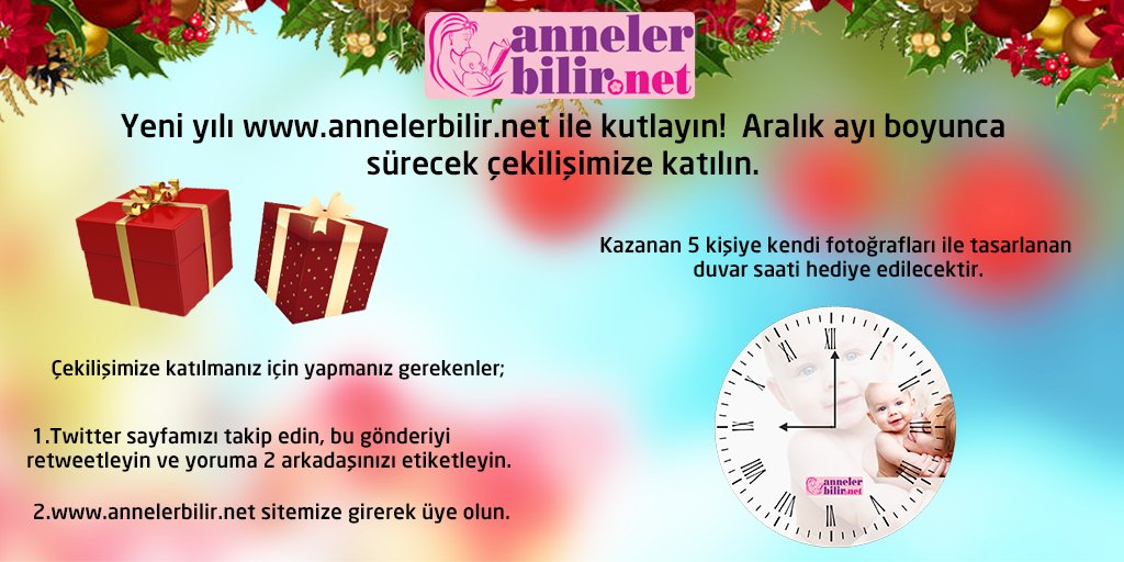 Yılbaşı çekilişimiz için son 2 gün
Çekilişimize katılmak için yapmanız gerekenler;
- Twitter sayfamızı takip edin, bu gönderiyi retweetleyin ve 2 arkadaşınızı etiketleyin
- annelerbilir.net  sitemize üye olun
#çekiliş #yeniyıl #yılbaşı #kampanya #yılbaşıçekilişi #kutlama