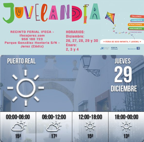 IDPuertoReal's tweet photo. ¡Buenos Días! @Juvelandia_2017 nos trae la previsión meteorológica para este Viernes. #FelizViernes #PuertoReal #Navidad https://t.co/aXbWa4dVwA
