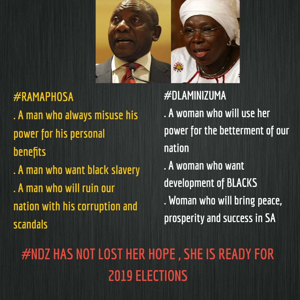 LieketsoMatsos1's tweet photo. Nobody deserve the presidency more than #dlaminizuma , she is an inspiration both as a leader and as a person, her contribution for the betterment of SA is commendable 
She is now ready for 2019 General elections
@SAPresident @DlaminiZuma @CyrilRamaphosa @ANN7tv @phutism @IOL https://t.co/7JIFqdRLsi