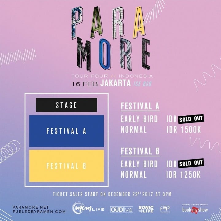 BookMyShowID's tweet photo. 📢 Calling all Parafamily! Penjualan tiket konser Paramore Tour Four Jakarta sudah dibuka untuk umum! Pesan tiketnya sekarang juga di BookMyShow https://t.co/kPggLcYDz7 #ParamoreJKT https://t.co/d4tO4t0bLK