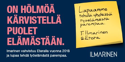 Työeläkevakuutusyhtiöt Ilmarinen ja Etera yhdistyvät 1.1.2018 alkaen. Haluamme yhdessä asiakkaidemme kanssa rakentaa tässä ajassa elävän, innovatiivisen ja ketterän palveluyrityksen, joka tekee työelämästä parempaa goo.gl/gJZAoH <a href="/ilmarinen_tweet/">Ilmarinen</a> #parempaatyöelämää