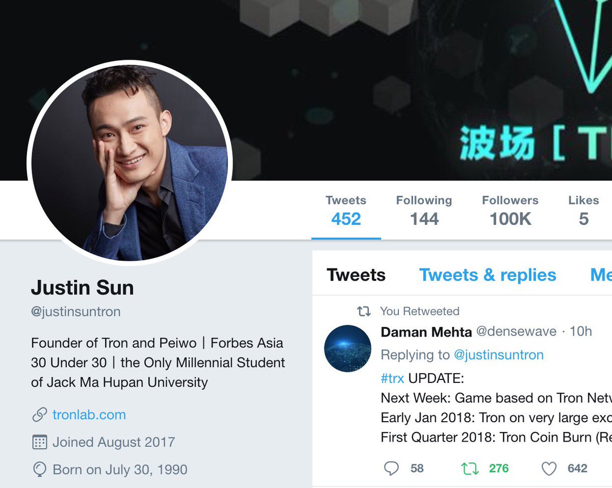 100k now. I joined Twitter in August 31st. 118 days for 100k followers. 847  followers a day. 1 million for 2018! Happy New year! #trx $trx #tron  #Bitcoin