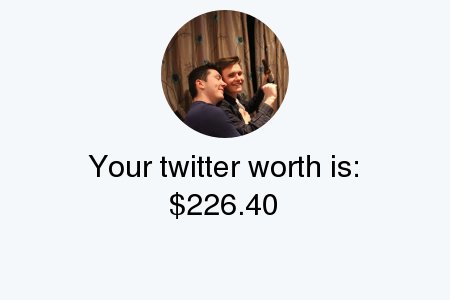 jackdenny95's tweet photo. My Twitter worth is: $226.40

Find yours with https://t.co/6Fw1fqEpTB

. https://t.co/cDz1yuPIwU