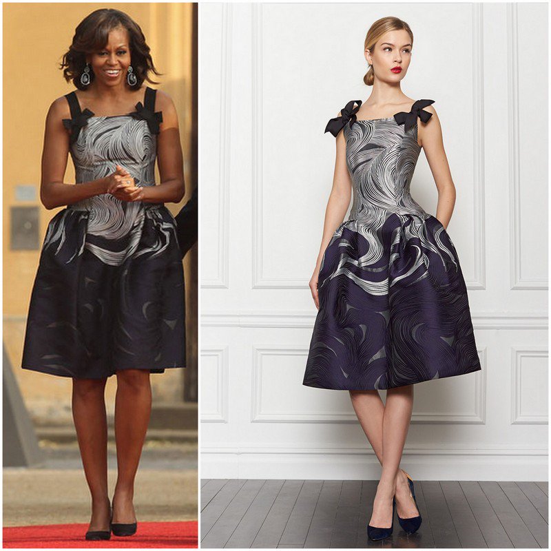 MichelleObamaSt's tweet photo. Michelle obama wore this #CarolinaHerrera navy-and-silver wave-pattern dress featuring bow accents and a square neckline from the Pre-Fall 2013 collection in June 2013 (Berlin, Germany). #fashion #fashionblogger #FashionWeek Yes, it's 4 years ago but it's #socute. #HappyNewYear https://t.co/cpa9IRITtf