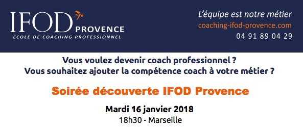 IfodProvence's tweet photo. Soirée découverte #IFODProvence / Mardi 16 janvier - 18h30 - Marseille
#Coaching de la personne, Coaching d'Equipe, Métier de Coach : une soirée pour découvrir nos #formations professionnalisantes, pour développer votre parcours #professionnel ! https://t.co/b2DxIGS83s #coach https://t.co/IB1SFej4ZS