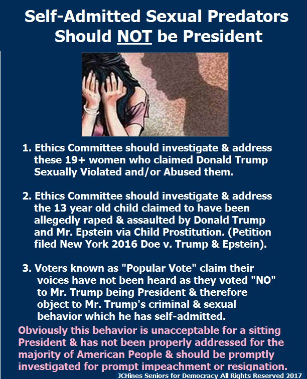 JRCDH's tweet image. #ImpeachTrump #TrumpPrison #PencePrison #RemoveNunes #RemoveKushner #RemoveTrumpCabinet @SpeakerRyan @SenSchumer @NancyPelosi Sexual Exploitations &amp;amp; accused rape of 13 yr old is enough for American PPL. Doe v. Trump and Epstein 2016 NY. POS MUST GO.🐽💩😷