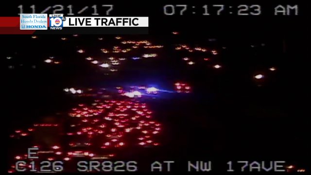 CAR FIRE: SR-826 EB & NW 17th Ave. ALL LANES BLOCKED. Expect heavy delays. https://t.co/W5loUlu1ZI