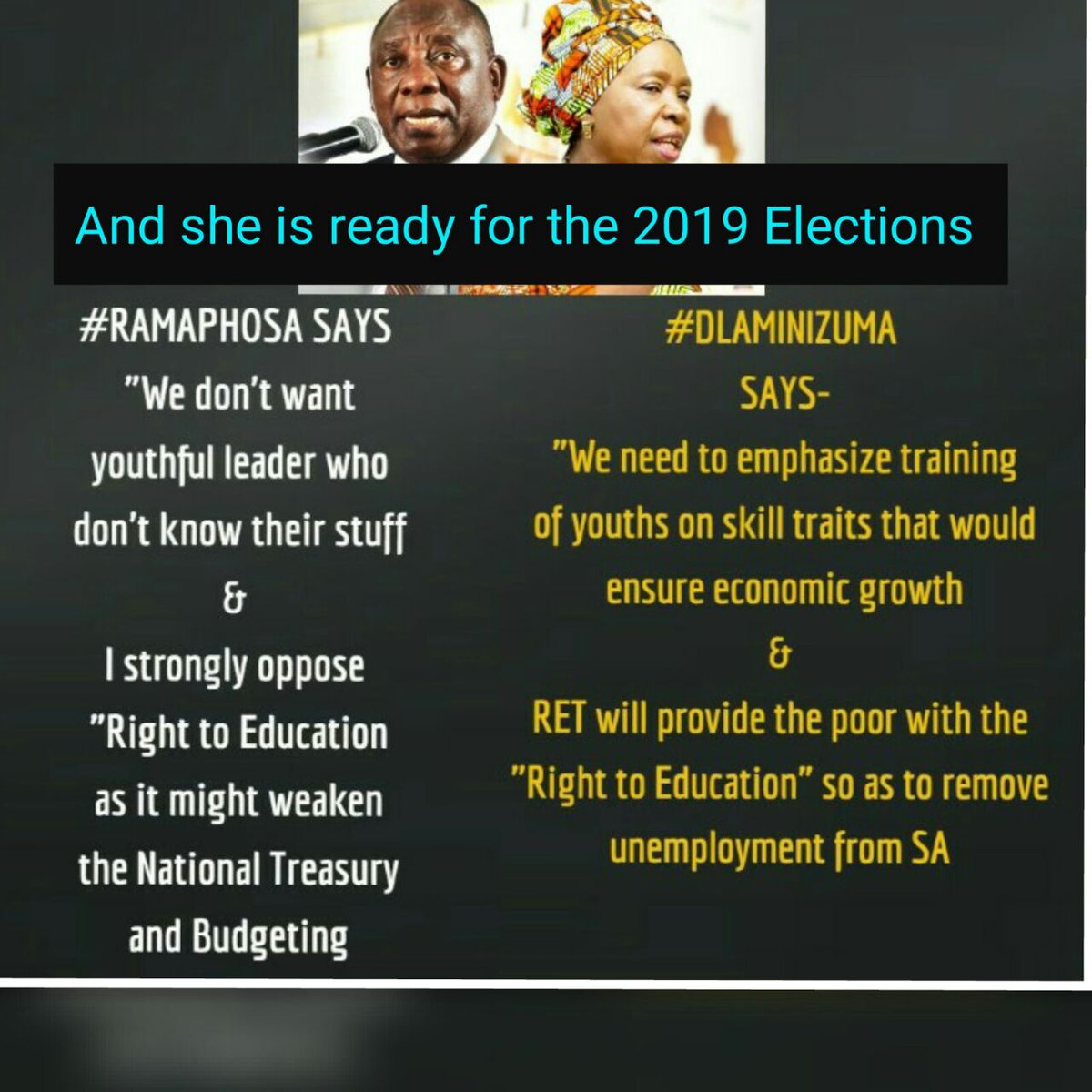 TsholoMasechaba's tweet photo. We desire a society without discrimination which can only be seen in the presence of @DlaminiZuma .@CyrilRamaphosa is serving #WMC by looting and SA masses with Apartheid. #DlaminiZuma is ready for the 2019 Elections.She is the future of SA.#ANC54 https://t.co/hTEno9o4oc