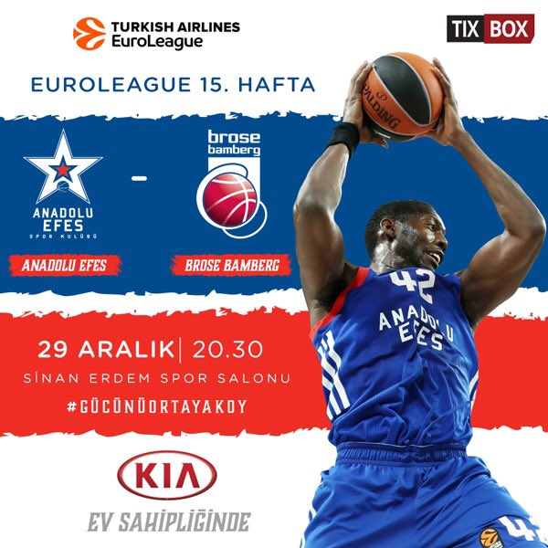 EuroLeague 15. hafta maçında Brose Bamberg'i Sinan Erdem Spor Salonu'nda ağırlıyoruz.

2017'deki son EuroLeague maçında oyundan birlikte keyif almak, heyecanı ve coşkuyu birlikte yaşamak için seni de Sinan Erdem Spor Salonu'na bekliyoruz.
mobile.tixbox.com.tr/etkinlik/4247/…