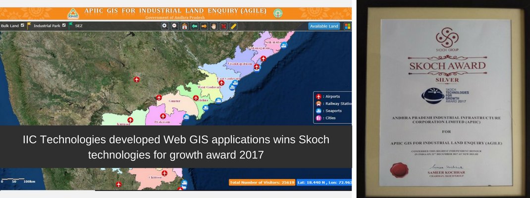 Happy to announce that the Web GIS application developed by us for APIIC (Andhra Pradesh Industrial Infrastructure Corporation) Limited has won the Silver - Skoch technologies for growth award 2017 for the APIIC GIS for Industrial Land Enquiry (AGILE). 
iictechnologies.com/news/iic-techn…
