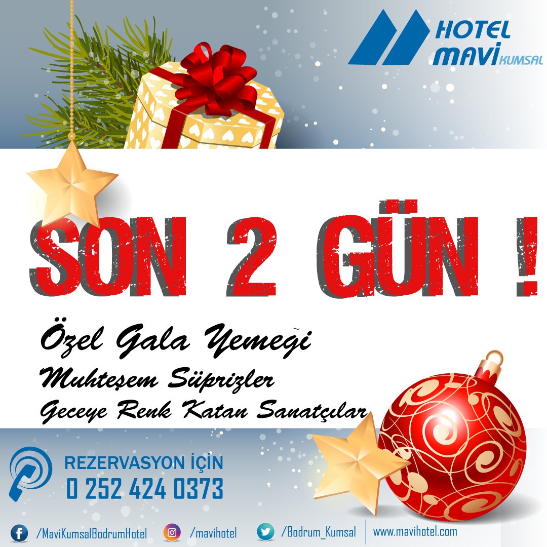 YENİ YILI BODRUM MAVİ KUMSAL HOTEL'DE KARŞILAYIN...!!!
2 Gece kişi başı 395 TL
1 Gece kişi başı 315 TL
Yılbaşı Gala kişi başı (Konaklamasız) 195 TL 
Rezervasyon ve Detayli Bilgi İçin; 
￼📬 mavihotel.com     
￼☎ 0 252 424 03 73 
￼☎ Whatsapp &amp; Viber : 0 553 268 81 82