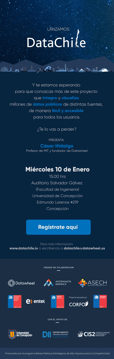 César Hidalgo (<a href="/cesifoti/">César A. Hidalgo</a>), Director del Grupo de Aprendizaje Colectivo del MIT Media Lab​ y cofundador de Datawheel LLC, invita a participar del lanzamiento de DataChile datachile.io
Mi 10/01/2018 a las 15h00 en <a href="/fiudec/">Ingeniería Universidad de Concepción</a> #udec
​Inscríbete aquí: goo.gl/r7ZqHs