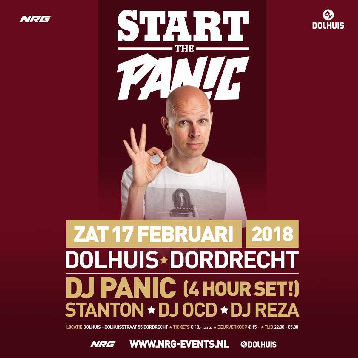 Zaterdag 17 februari is <a href="/DJPanicNL/">DJ Panic</a>  weer terug in <a href="/PodiumDolhuis/">Podium Dolhuis</a> voor een nieuwe editie van Start the Panic!

Tickets en info via de websites van <a href="/NRGEvents_NL/">NRG Events</a> en het Dolhuis: nrg-events.nl &amp; dolhuis.com

#oldschool #earlyrave #earlyhardcore #dolhuis