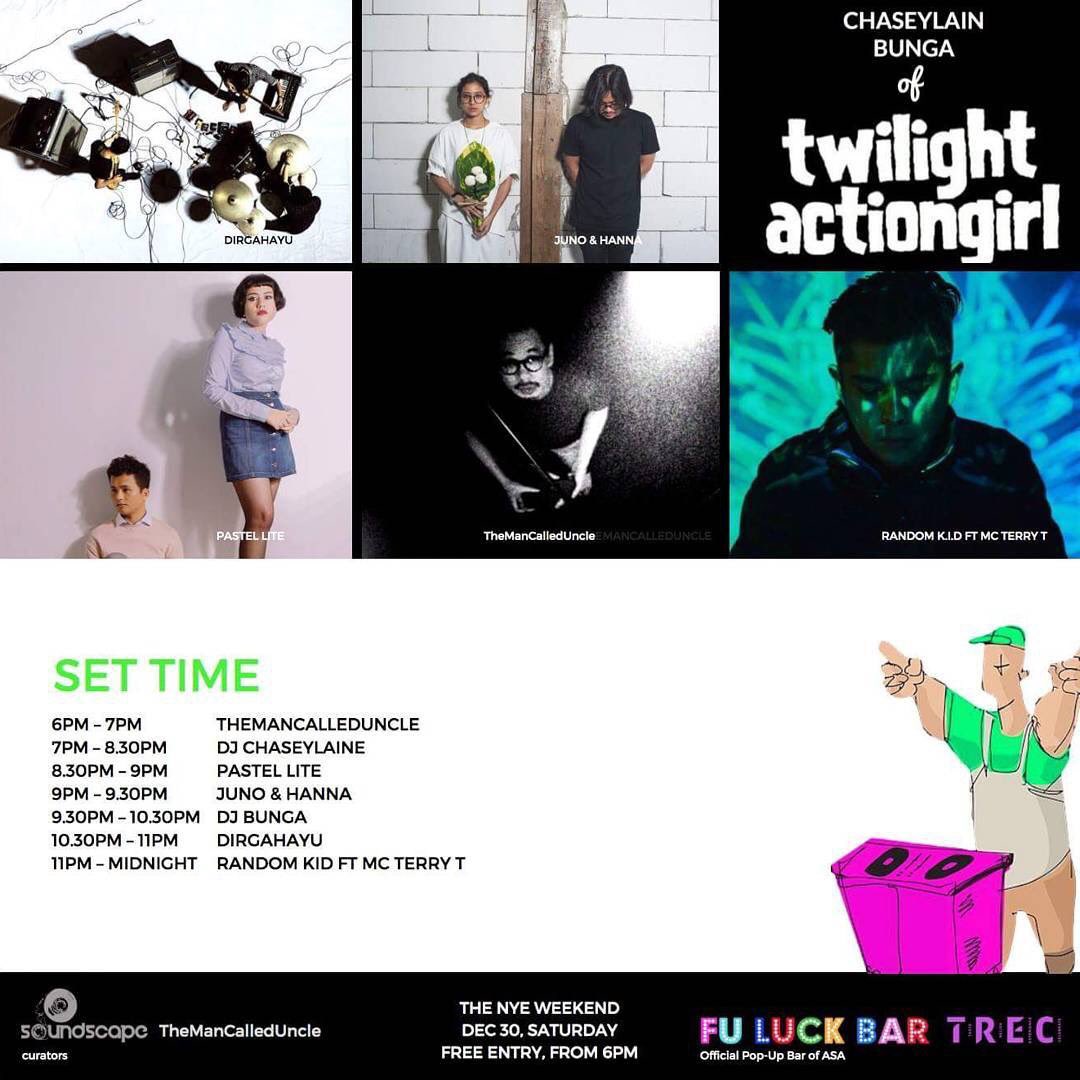 #KL SATURDAY Dec30 THE NYE WEEKEND 6pm-12am FuLuckBar #TREC ft. #TheManCalledUncle #DJChaseyLaine @PastelLite <a href="/JunoandHanna/">Juno and Hanna</a> #DJBunga <a href="/drghyorg/">Dirgahayu</a> #RandomKid ft. #MCTerryT