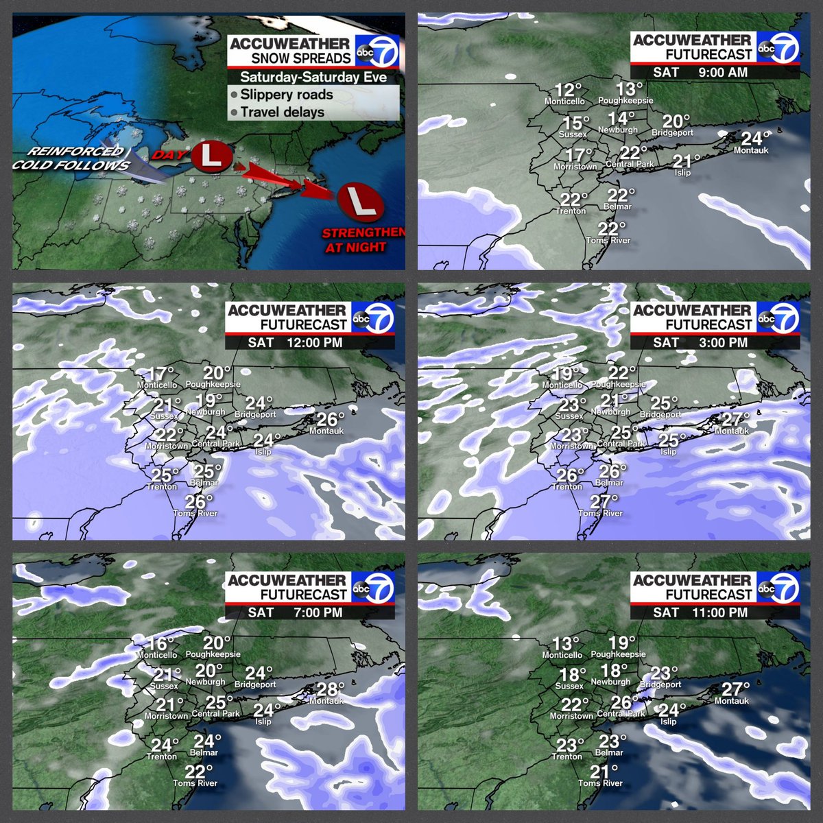 LeeGoldbergABC7's tweet photo. Day 4 below freezing. Stays this way for at least the next 7 days. Record is 16 consecutive days from 1961. Adding insult to injury is a light snowfall tomorrow. A coating - 2" for most. 3" possible on Long Isand. Cold roads will become very slippery. Reduce travel. #abc7ny https://t.co/yGFnnhkgym