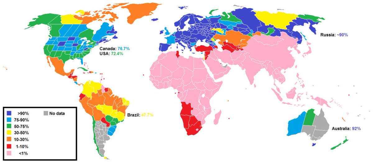 地図フリーク V Twitter 世界各地の白人の血を引く人口比率 T Co Hvelh6dqzh 南北アメリカ アフリカでは 大まかには赤道から遠いほど 気候が欧州に近いほど 比率が高いのか ロシアでは ウラル山脈以東はシベリア鉄道沿いはほぼ白人社会だ そういえば