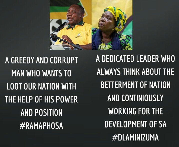 MachiteleDuke's tweet photo. @DlaminiZuma is a lady of courage and spirit beyond win or loss.The poor souls in SA are suffering with poverty and unemployment with @CyrilRamaphosa as the #ANC President.He has nthng to do fr the welfare of SA. #DlaminiZuma is ready fr the 2019 Elections. #ANC54 @IOL @ANN7tv https://t.co/cPU87O0ytV