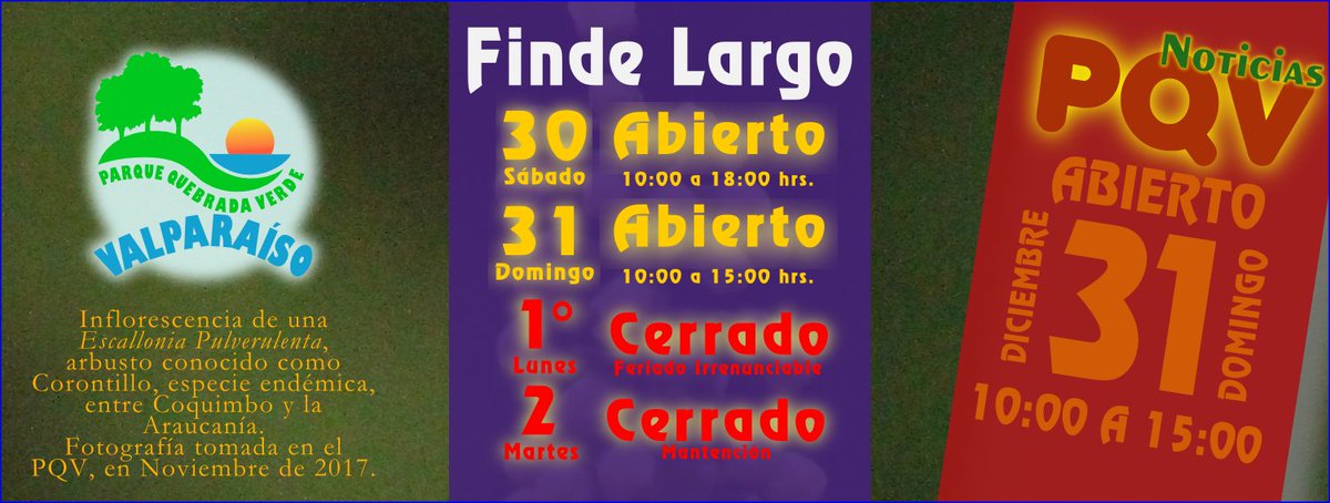 PQVOficial's tweet photo. Informamos a nuestros visitantes que, por razones ajenas a nuestra voluntad, hemos debido hacer un cambio en el horario de atención de este fin de semana de fin de año:
Sábado 30: Abierto de 10:00 a 18:00
Domingo 31: Abierto de 10:00 a 15:00
Lunes 1° : Cerrado
Martes 2 : Cerrado https://t.co/yDRGhszSVg