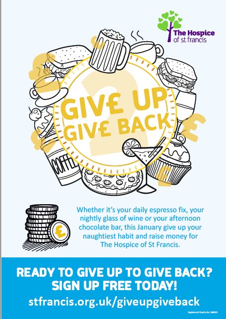 Hospicstfrancis's tweet photo. Need to make your #newyear fitness regime work harder? Why not #giveup2giveback for local charity @Hospicstfrancis. Cut out your favourite treat (wine, chocolate, coffee, cake) and donate the money you save to support our care! @BerkhamstedKJSC @Sportspace1 @TheGYMWorks https://t.co/RuQihIF05Q