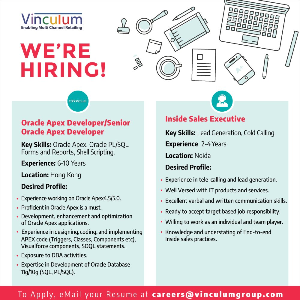 Vin_Omnichannel's tweet image. #NowHiring 
Here's an opportunity to join our team as Oracle Apex Developer or Inside Sales Executive. 
For latest openings &amp;amp; announcements, follow us at @Vinculum_IT or visit goo.gl/ADr7Af

#Jobs #Career #JobOpening #VinculumJobs #CareerAtVinculum