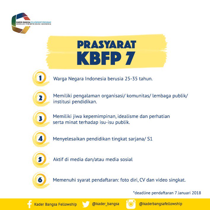 kader_bangsa's tweet photo. Selamat malam millennials. Apakah kriteria prasyarat diatas sudah ada pada diri Anda? Yuk segera daftar! Pendaftaran online melalui https://t.co/immisaiSE4 atau via Whatsaap di 0815-1387-4873
#kaderbangsafellowshipprogram
#kaderbangsafellowship
#kbfp
#kbfp7 https://t.co/eY8J0wRSZq