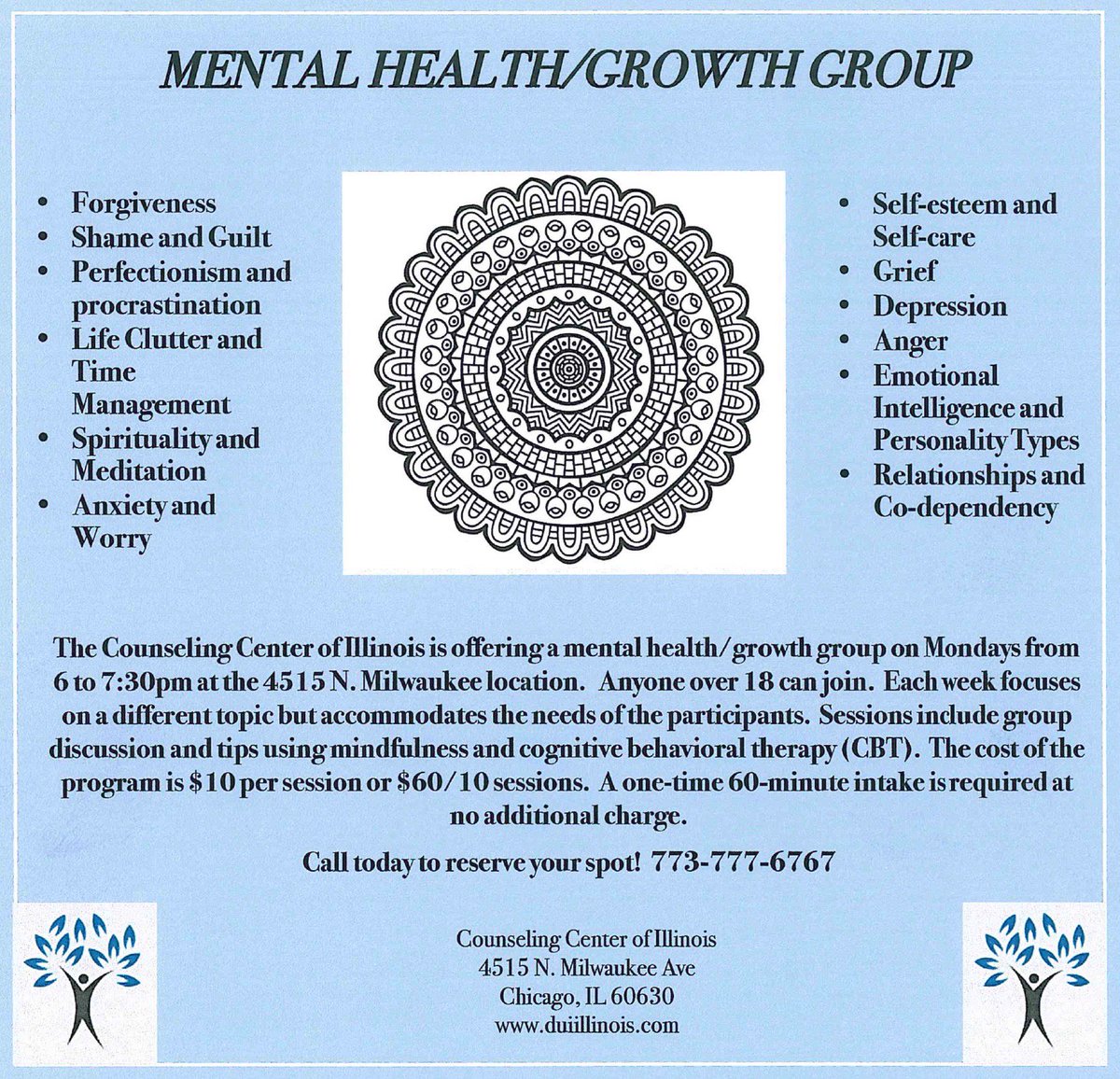 cciduiillinois's tweet photo. NEW MENTAL HEALTH/GROWTH GROUP

The @cciduiillinois is offering a mental health/growth group on Mondays from 6 to 7:30pm at the 4515 N Milwaukee location.

#CCO #mentalhealth #group #growth #CBT ##anxiety #forgivness https://t.co/uxKTYMjKGy