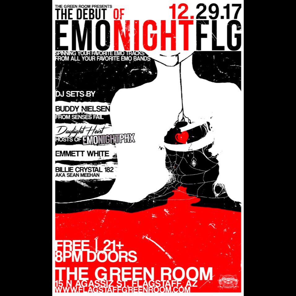 DaylightHeist's tweet photo. Ok Flagstaff, tonight is the night!! Come to the Green Room and drink some beers and shed a few tears! #emonightflg  #emonightphx #daylightheist #sensesfail 🍻 😭 @buddythechud @SensesFail https://t.co/z55bnoSusa