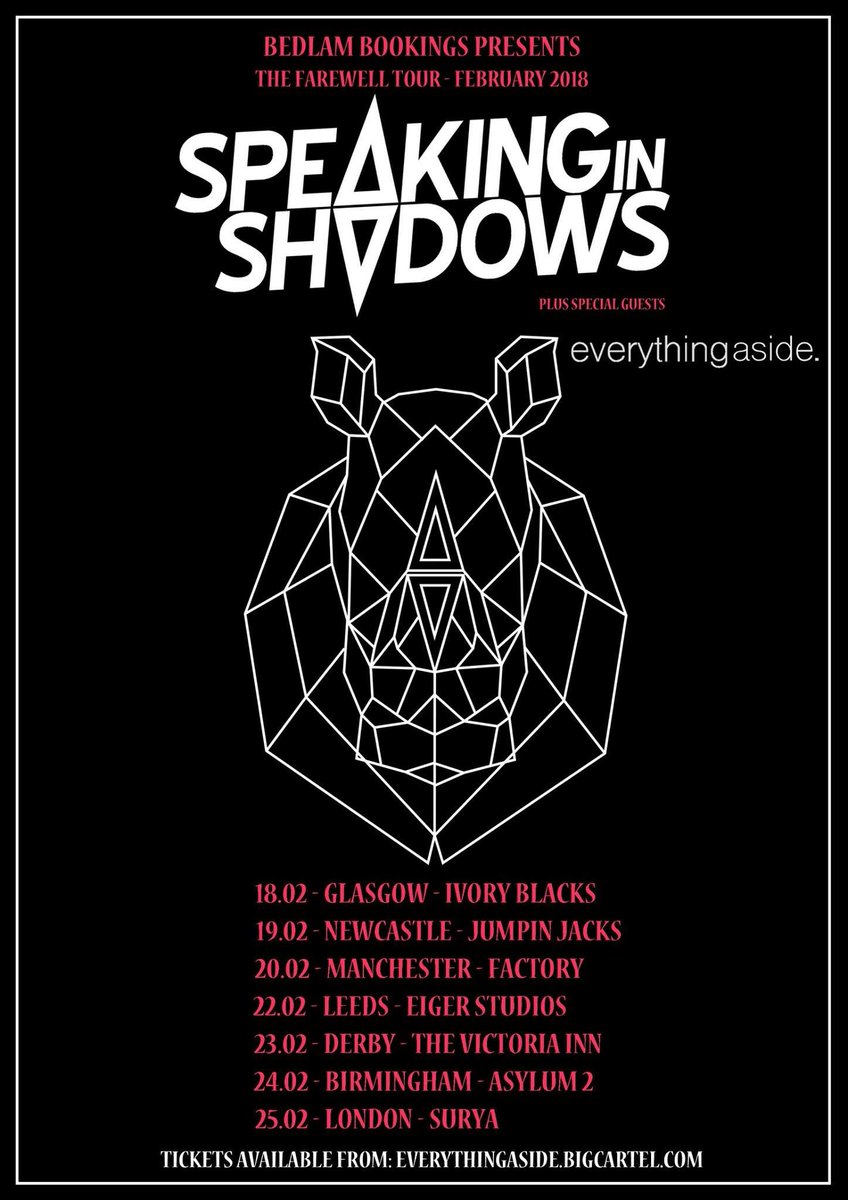 Ya bois are going back on tour! And with <a href="/OFFICIALSIS/">Speaking in Shadows</a>! Get your tickets now everythingaside.bigcartel.com