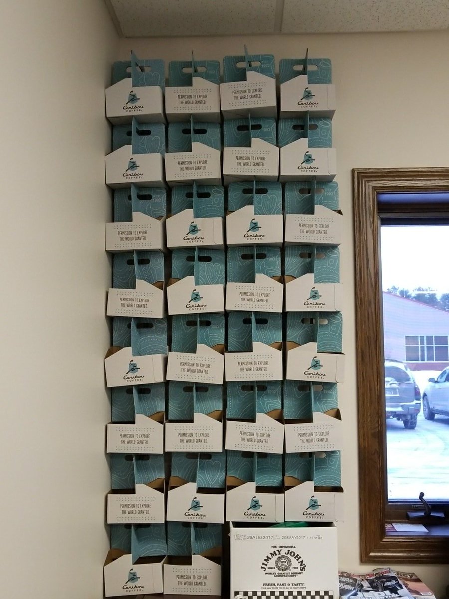 Mitchmac23's tweet photo. Hey @cariboucoffee would you like some of these back? I have a wall to show my gratitude for your awesome coffee! https://t.co/EU4owIUMp4